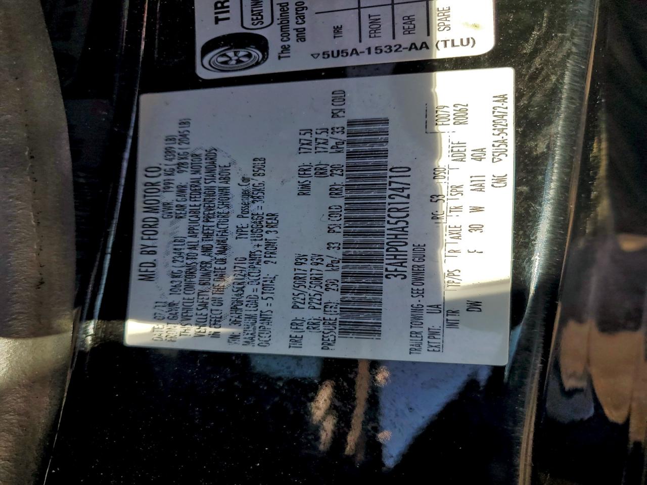 2012 Ford Fusion Se VIN: 3FAHP0HA5CR124710 Lot: 94222925