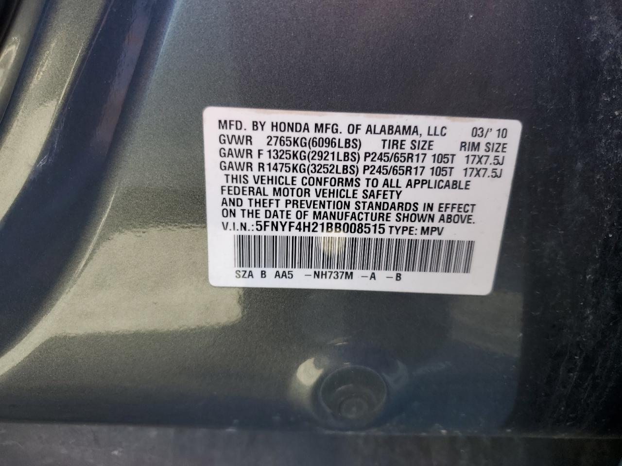 2011 Honda Pilot Lx VIN: 5FNYF4H21BB008515 Lot: 91252115