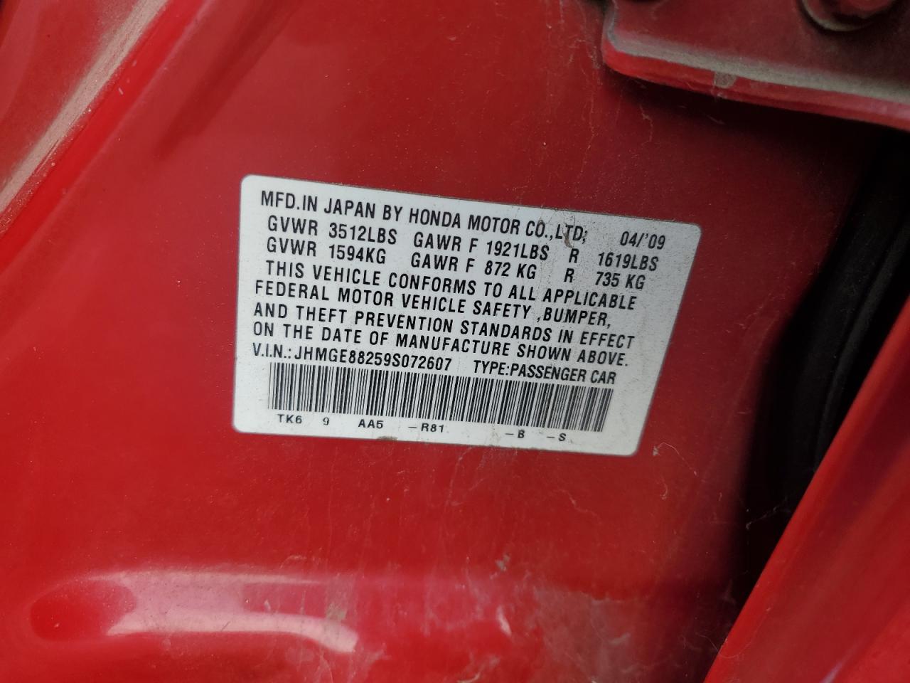 2009 Honda Fit VIN: JHMGE88259S072607 Lot: 93674685