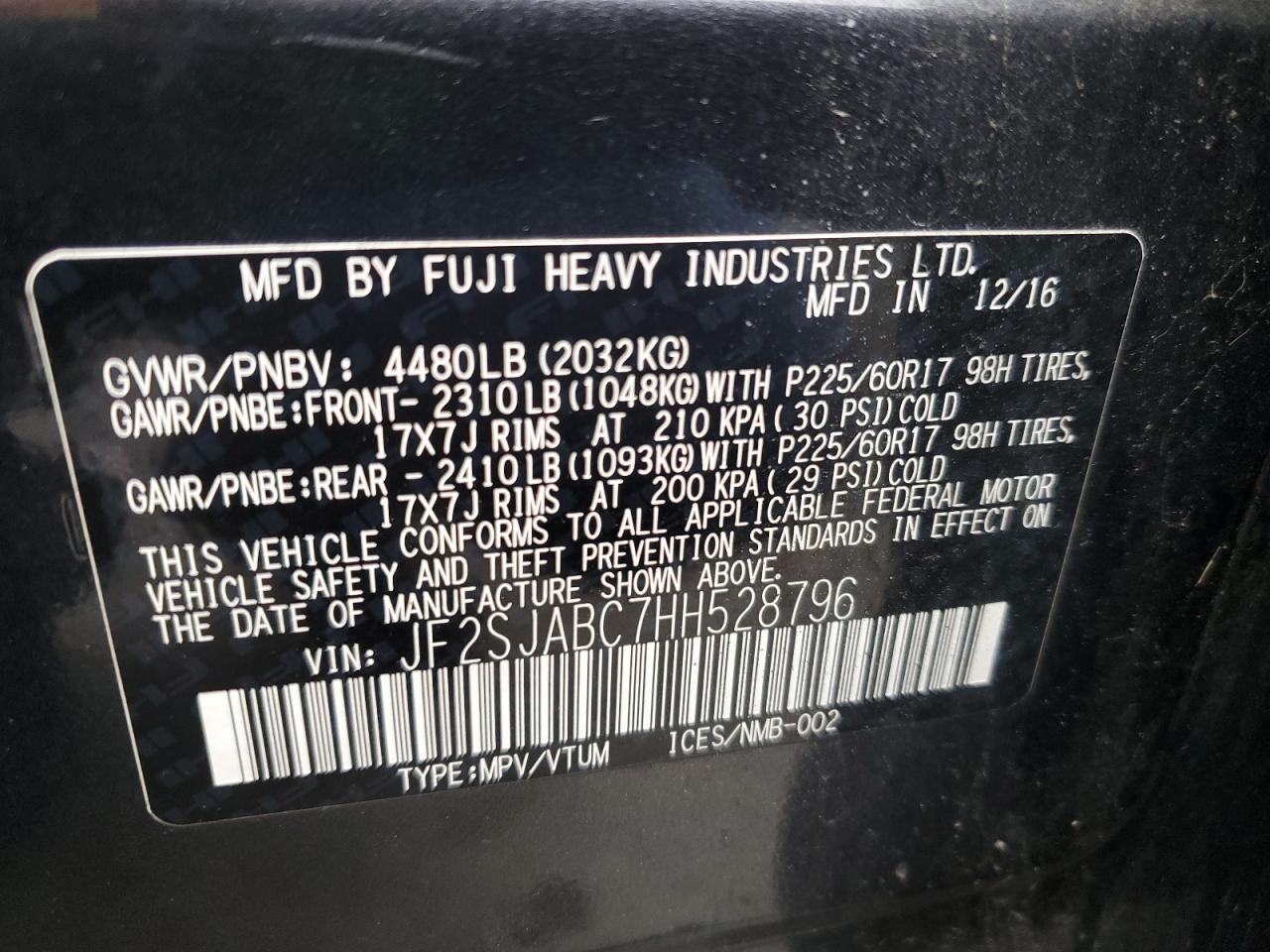 2017 Subaru Forester 2.5I VIN: JF2SJABC7HH528796 Lot: 93511895