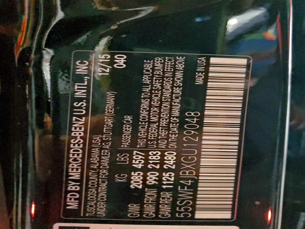 2016 Mercedes-Benz C 300 VIN: 55SWF4JBXGU129048 Lot: 94190465