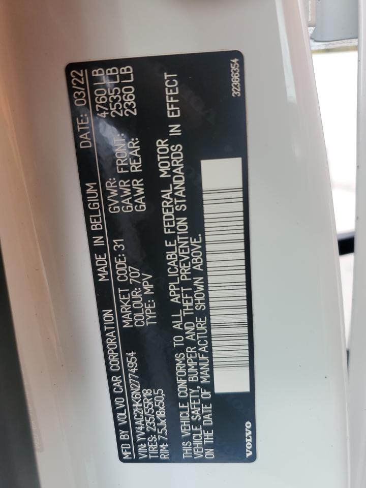 2022 Volvo Xc40 T4 Momentum VIN: YV4AC2HK6N2774954 Lot: 92695925