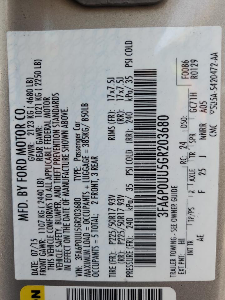 2016 Ford Fusion S Hybrid VIN: 3FA6P0UU5GR203680 Lot: 92268915