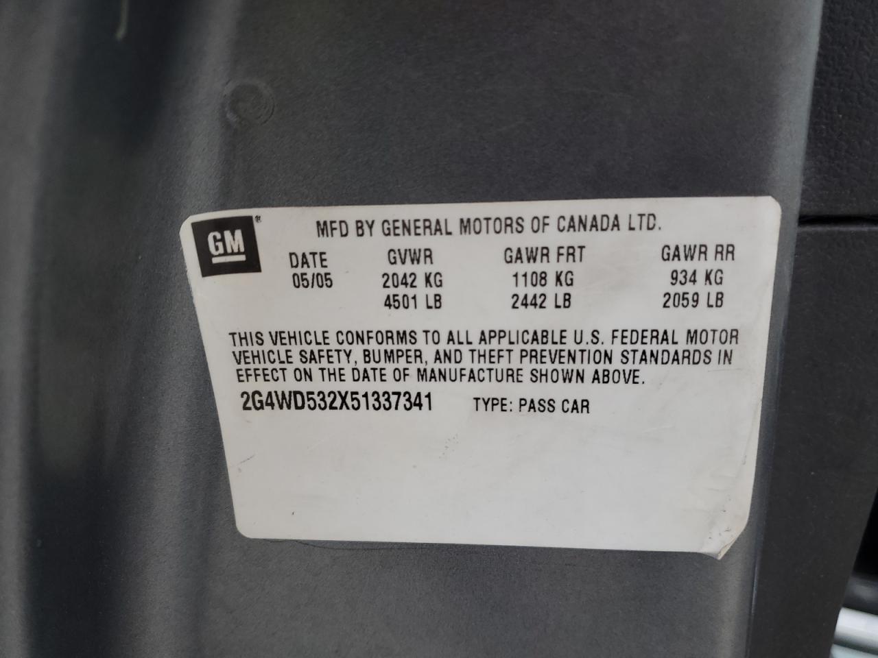 2005 Buick Lacrosse Cxl VIN: 2G4WD532X51337341 Lot: 93486195