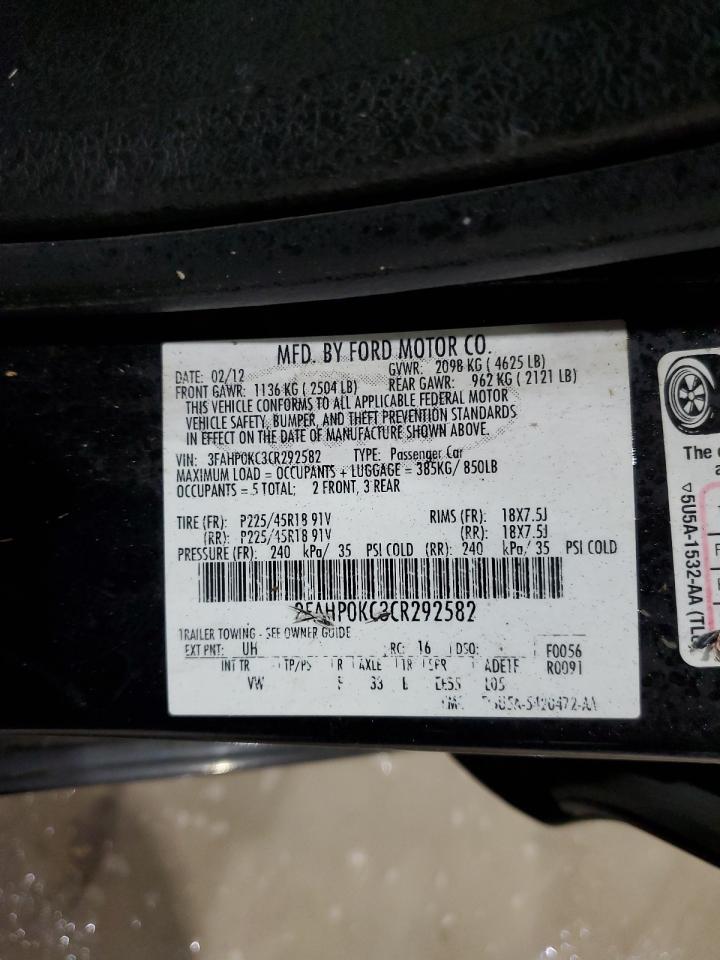 2012 Ford Fusion Sport VIN: 3FAHP0KC3CR292582 Lot: 91882295