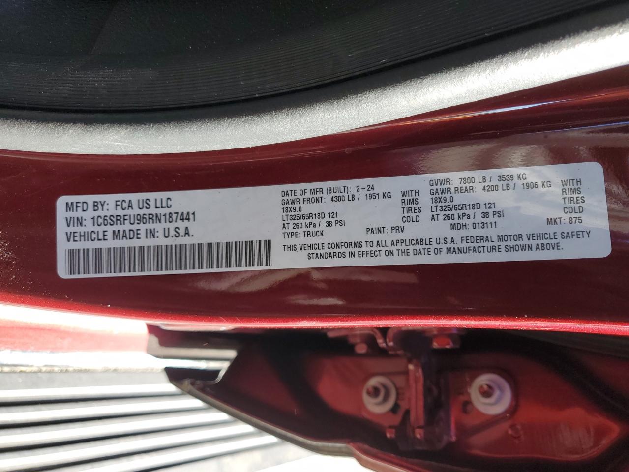 2024 Ram 1500 Trx VIN: 1C6SRFU96RN187441 Lot: 90811625