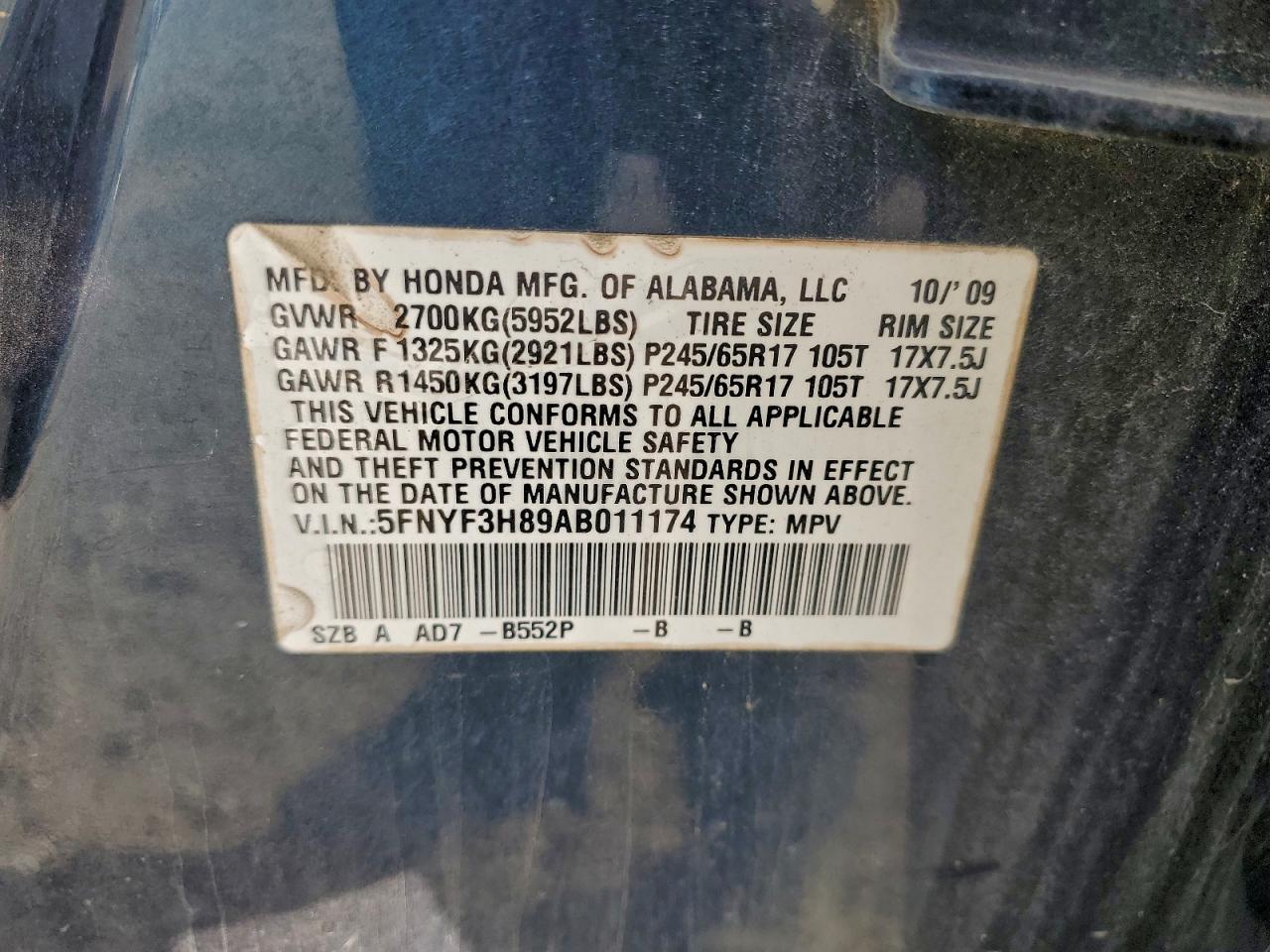 2010 Honda Pilot Touring VIN: 5FNYF3H89AB011174 Lot: 94484915