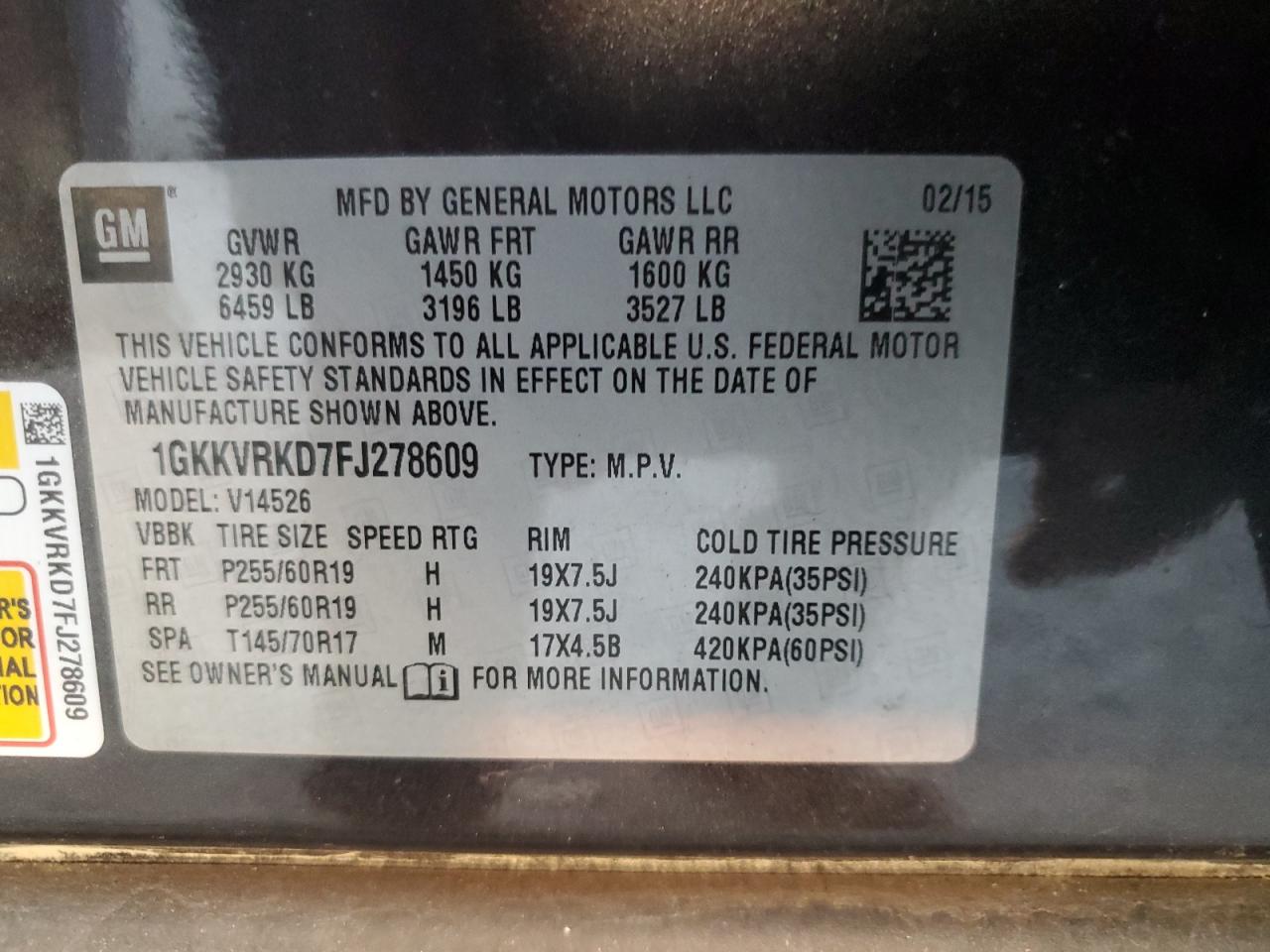 2015 GMC Acadia Slt-1 VIN: 1GKKVRKD7FJ278609 Lot: 91775845