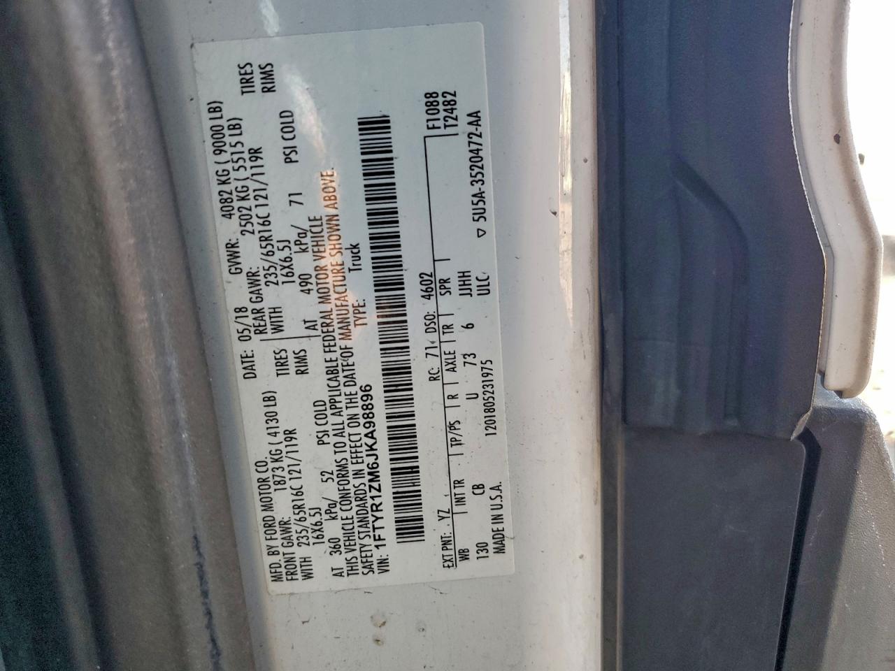 2018 Ford Transit T-250 VIN: 1FTYR1ZM6JKA98896 Lot: 94126095