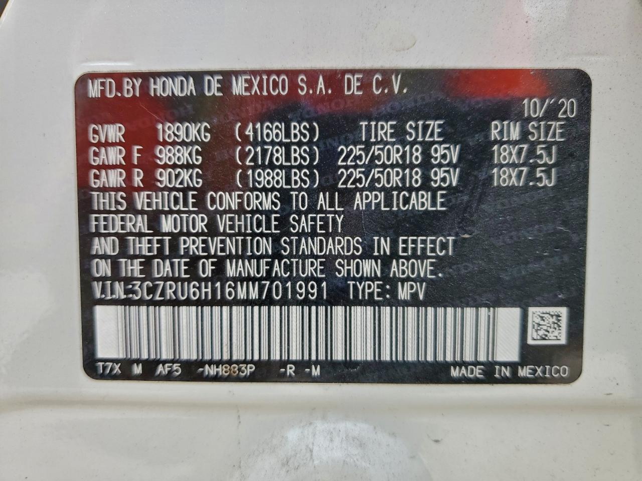 2021 Honda Hr-V Sport VIN: 3CZRU6H16MM701991 Lot: 94509775