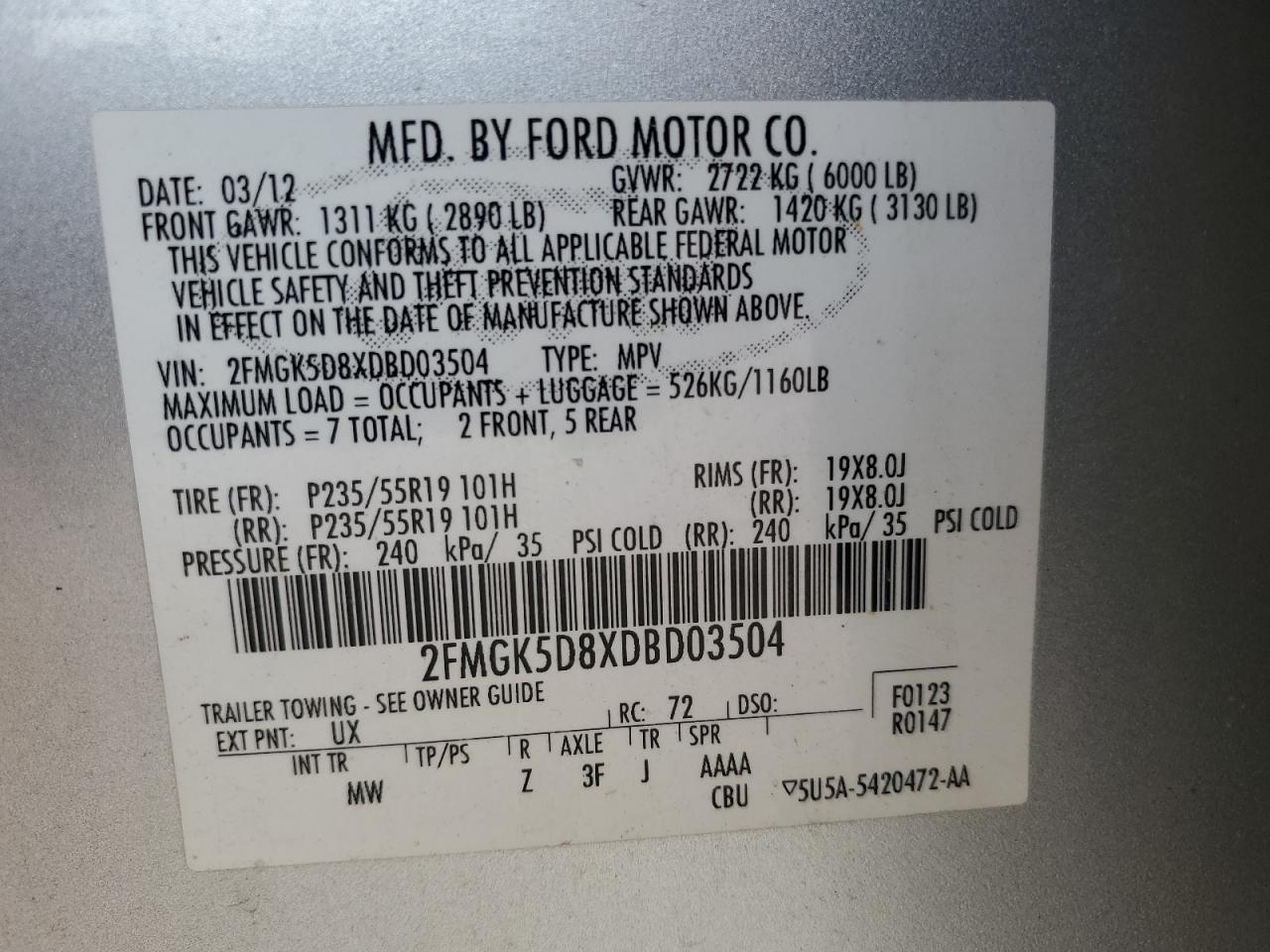 2013 Ford Flex Limited VIN: 2FMGK5D8XDBD03504 Lot: 91926765