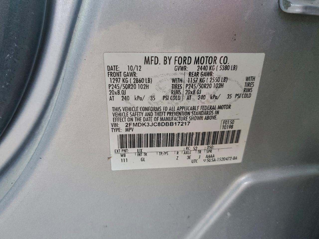 2013 Ford Edge Sel VIN: 2FMDK3JC8DBB17217 Lot: 93539615