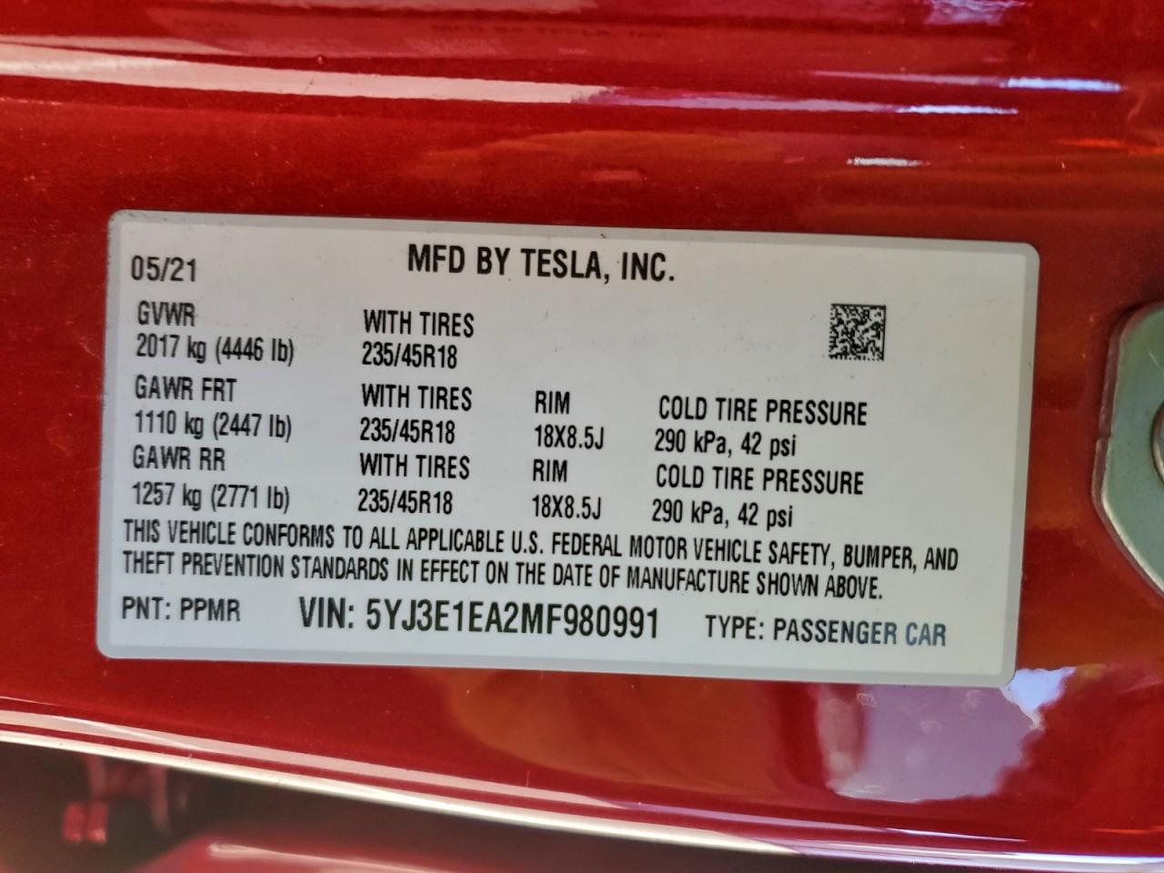 2021 Tesla Model 3 VIN: 5YJ3E1EA2MF980991 Lot: 93726015