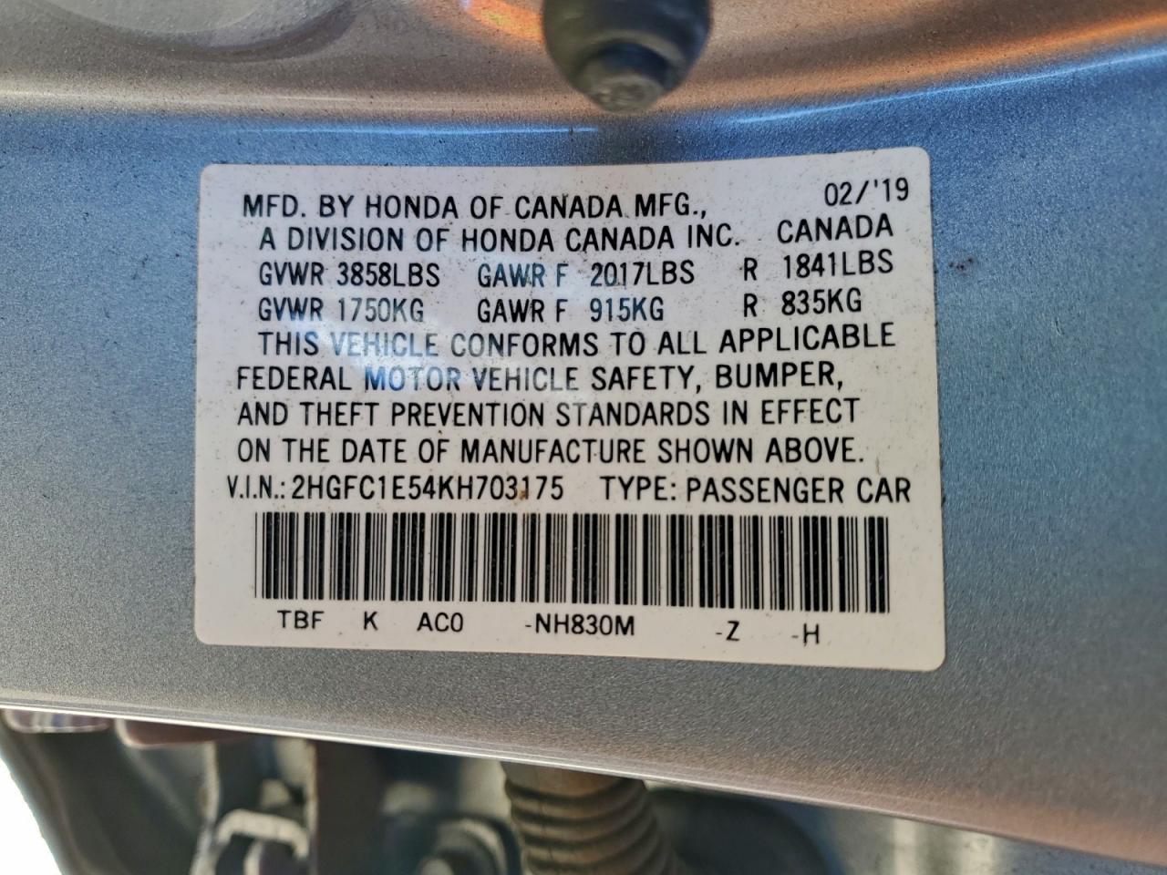 2019 Honda Civic Si VIN: 2HGFC1E54KH703175 Lot: 93109225