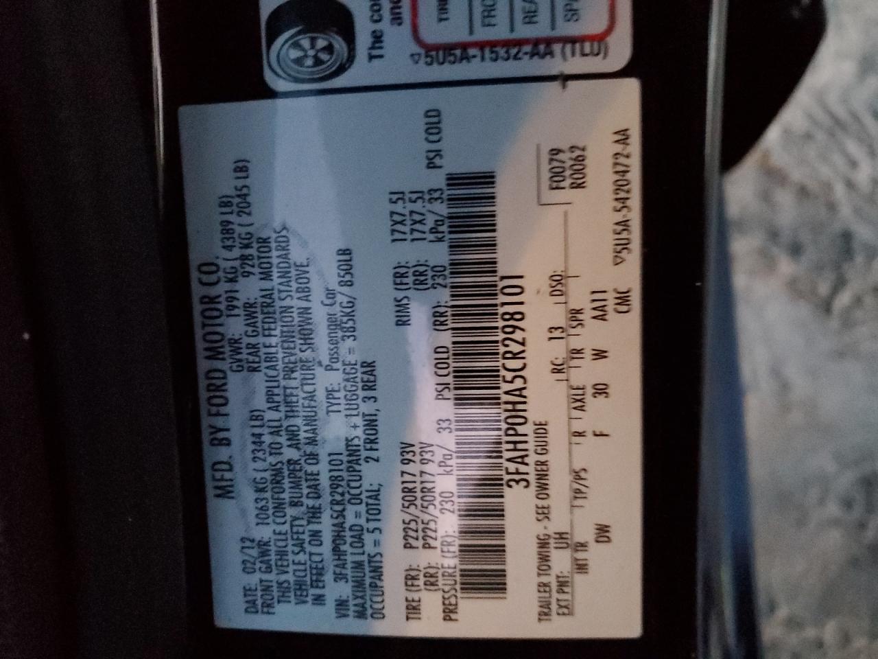 2012 Ford Fusion Se VIN: 3FAHP0HA5CR298101 Lot: 85849845