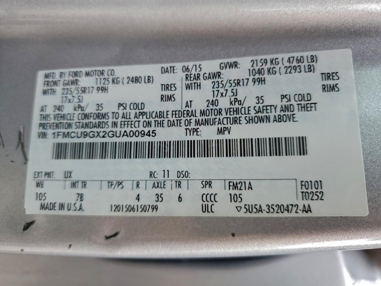 2016 Ford Escape Se VIN: 1FMCU9GX2GUA00945 Lot: 94533045