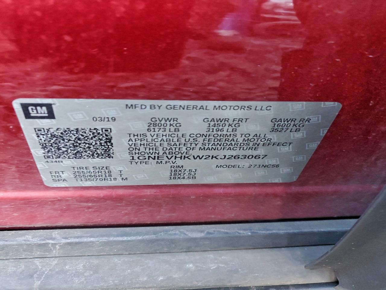 2019 Chevrolet Traverse Lt VIN: 1GNEVHKW2KJ263067 Lot: 93812285