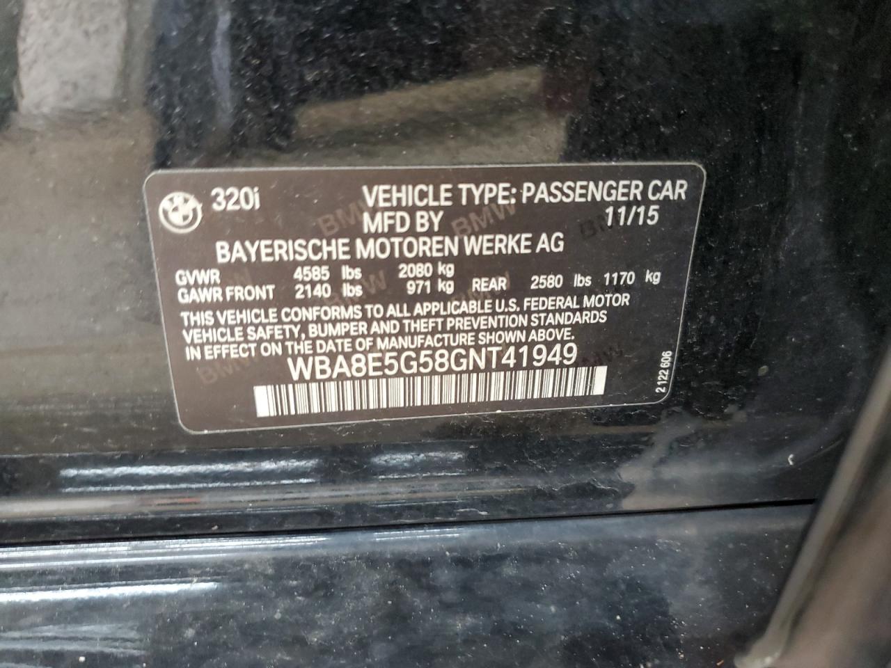 2016 BMW 320 Xi VIN: WBA8E5G58GNT41949 Lot: 91612145