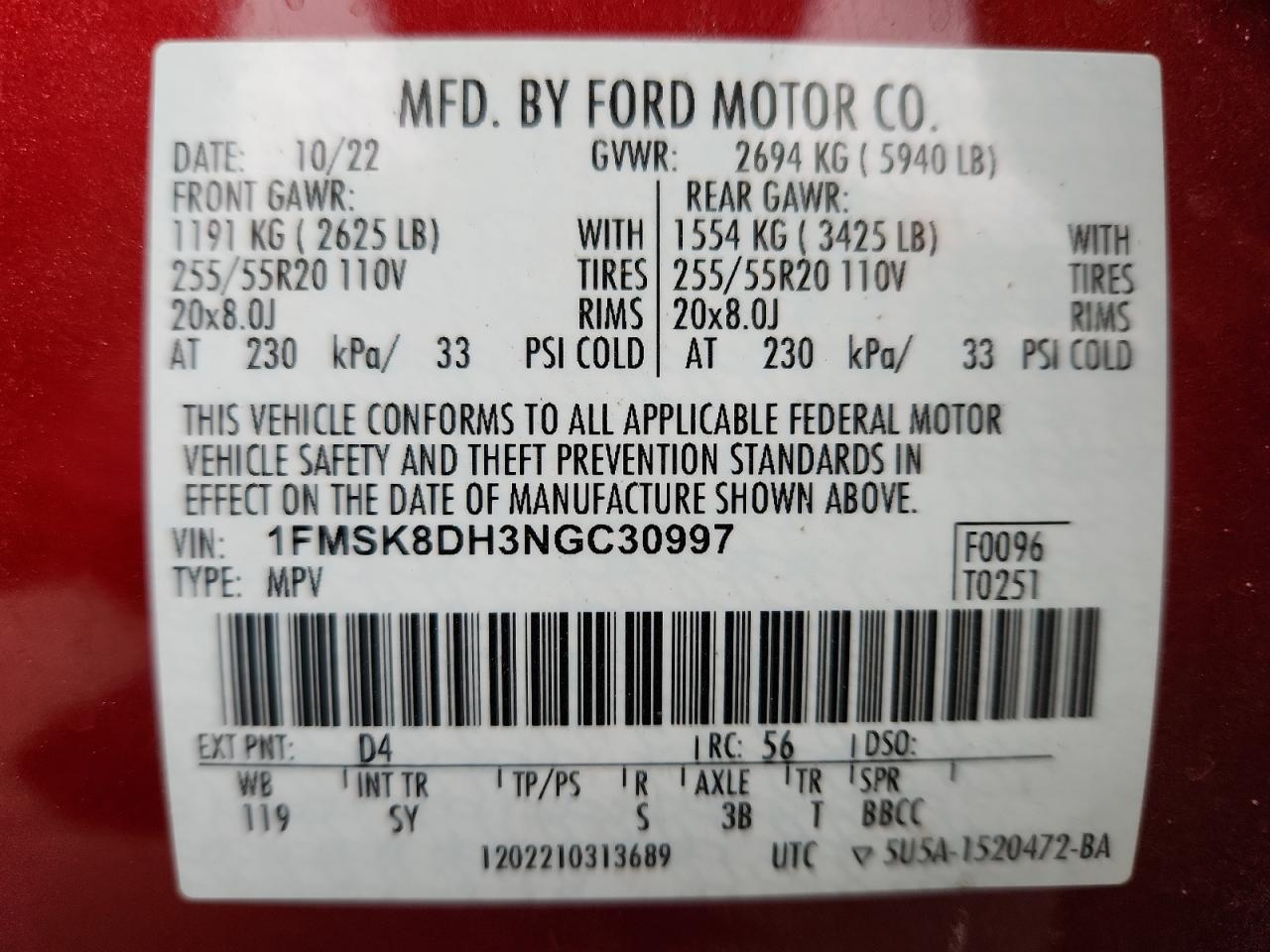 2022 Ford Explorer Xlt VIN: 1FMSK8DH3NGC30997 Lot: 93037355