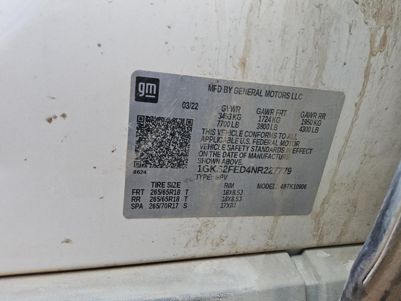 2022 GMC Yukon Xl K1500 Sle VIN: 1GKS2FED4NR227779 Lot: 92074725