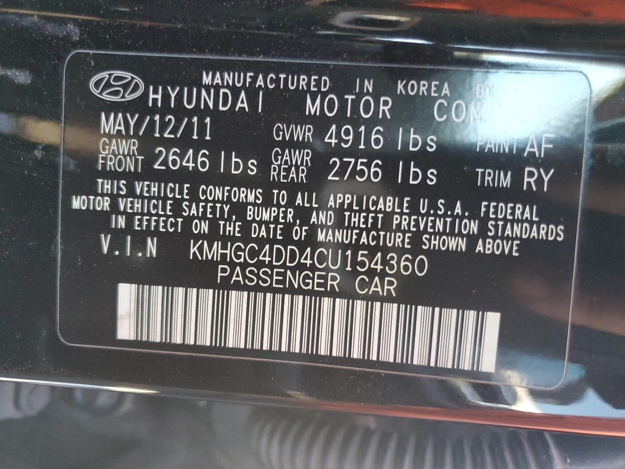 2012 Hyundai Genesis 3.8L VIN: KMHGC4DD4CU154360 Lot: 93102255