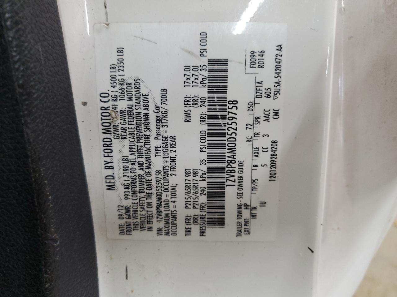 2013 Ford Mustang VIN: 1ZVBP8AM0D5259758 Lot: 91918065