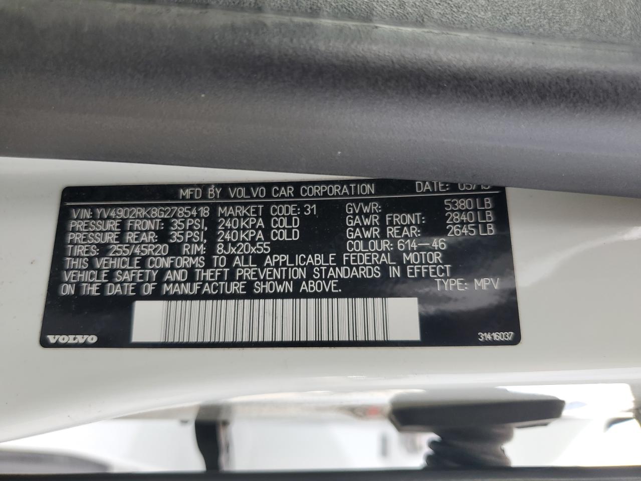 2016 Volvo Xc60 T6 Premier VIN: YV4902RK8G2785418 Lot: 85402405