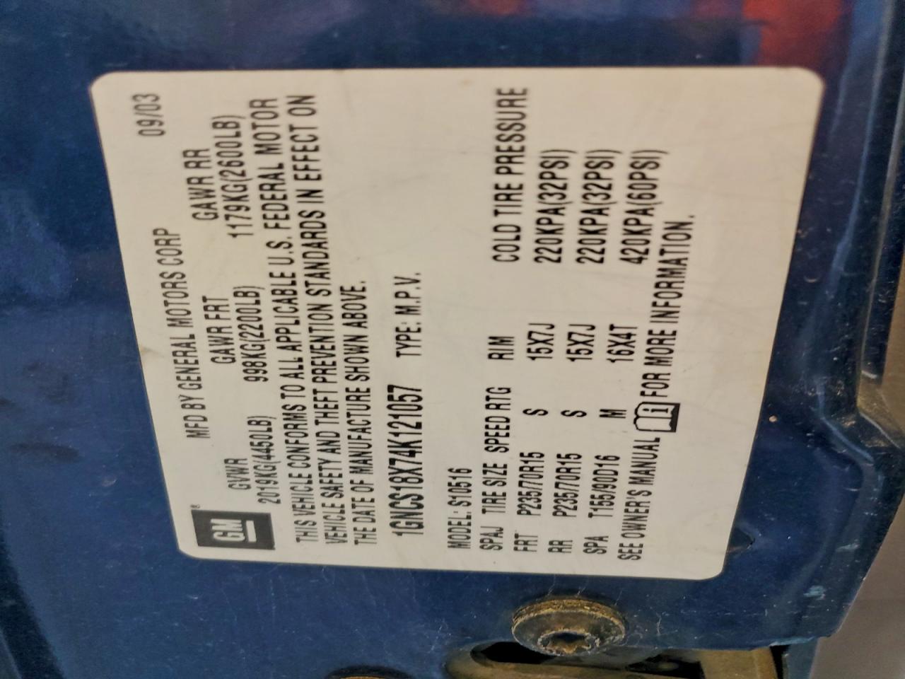 2004 Chevrolet Blazer VIN: 1GNCS18X74K121057 Lot: 94115005