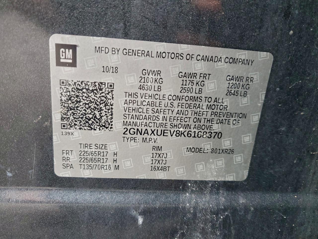 2019 Chevrolet Equinox Lt VIN: 2GNAXUEV8K6168370 Lot: 94450805