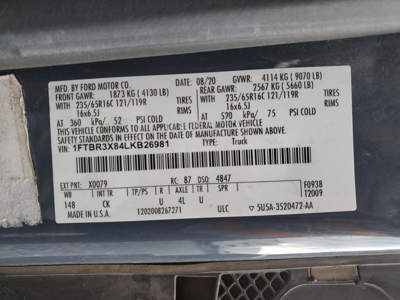 2020 Ford Transit Delivery Van VIN: 1FTBR3X84LKB26981 Lot: 87412355