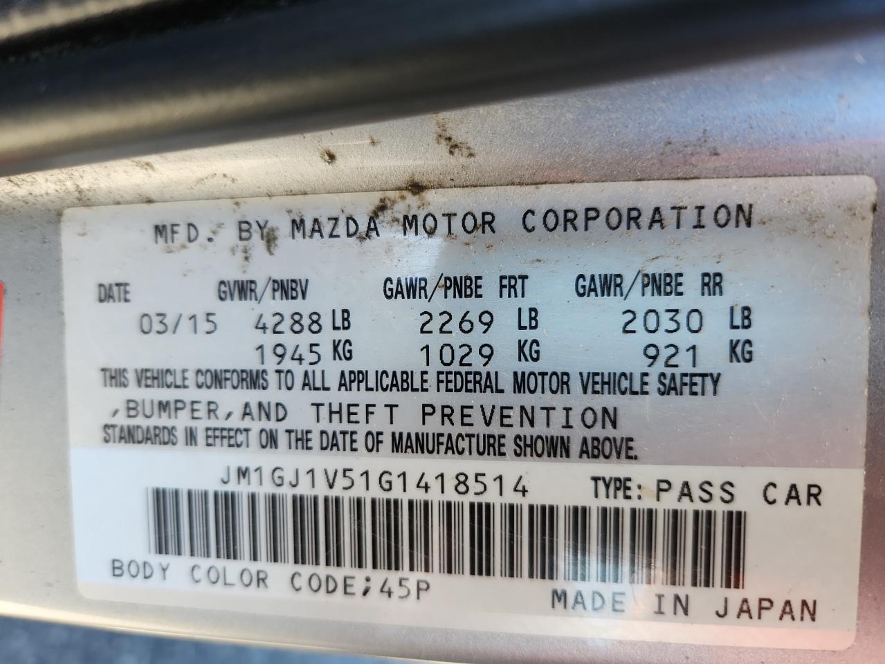 2016 Mazda 6 Touring VIN: JM1GJ1V51G1418514 Lot: 93045775