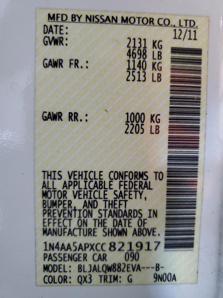 2012 Nissan Maxima S VIN: 1N4AA5APXCC821917 Lot: 91641765