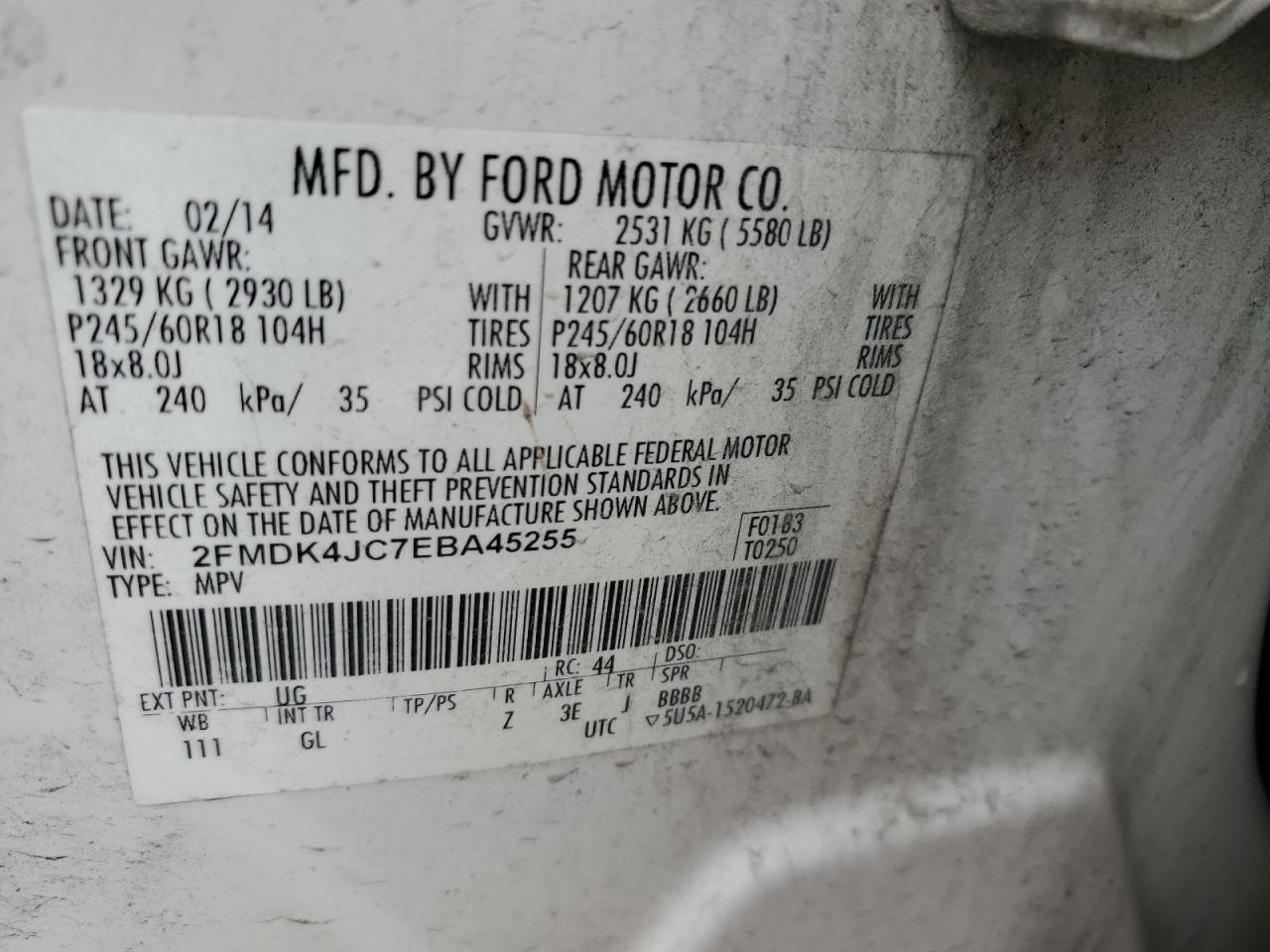 2014 Ford Edge Sel VIN: 2FMDK4JC7EBA45255 Lot: 93045185