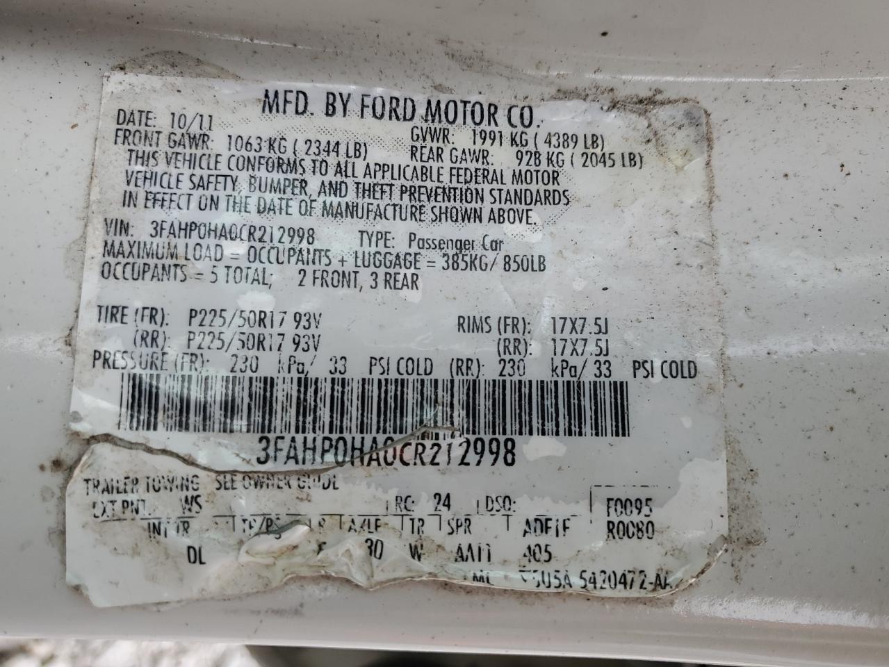 2012 Ford Fusion Se VIN: 3FAHP0HA0CR212998 Lot: 92657385