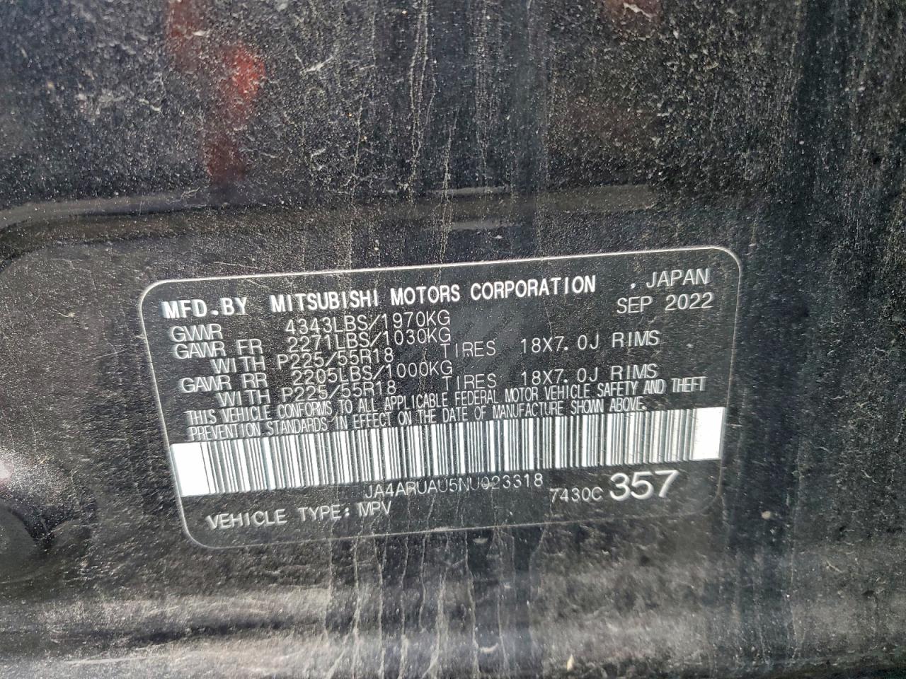 2022 Mitsubishi Outlander Sport Es VIN: JA4ARUAU5NU023318 Lot: 93646865