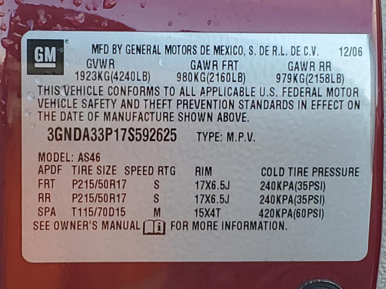 2007 Chevrolet Hhr Lt VIN: 3GNDA33P17S592625 Lot: 93445355