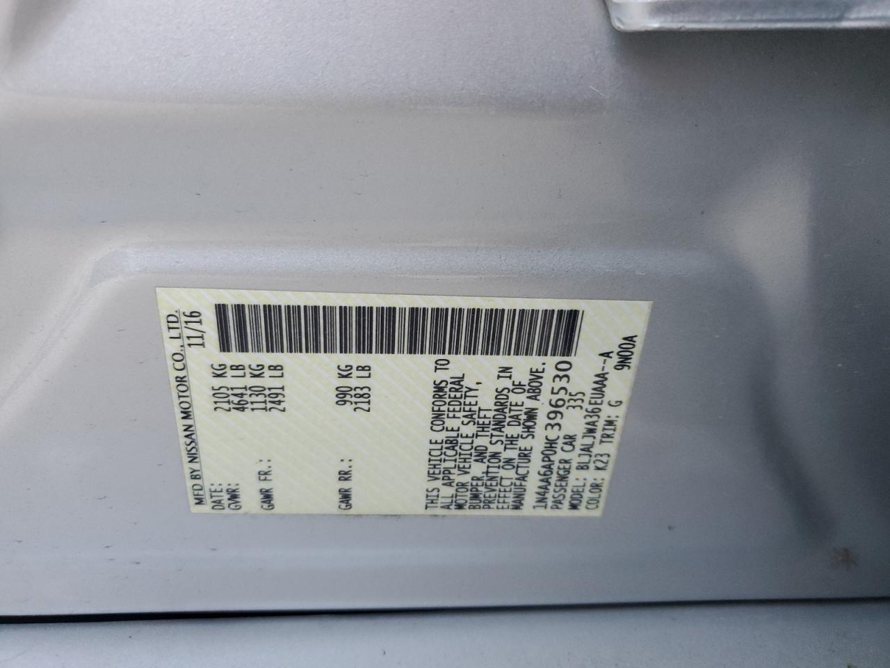 2017 Nissan Maxima Sv VIN: 1N4AA6AP0HC396530 Lot: 92687175