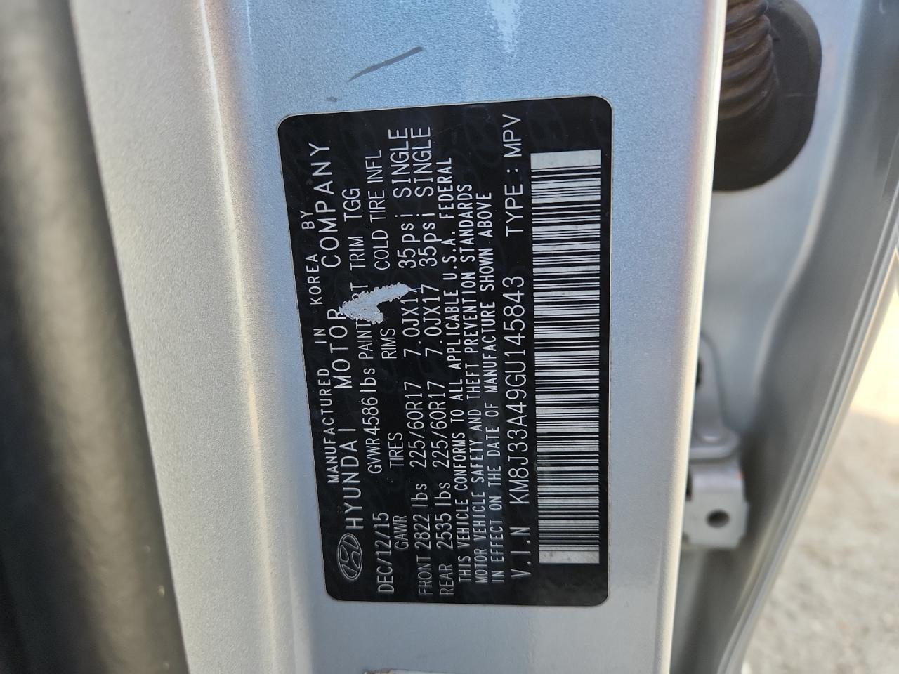 2016 Hyundai Tucson Limited VIN: KM8J33A49GU145843 Lot: 92227255