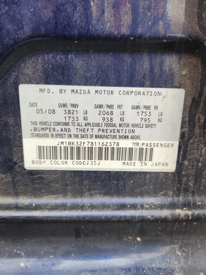 2008 Mazda 3 I VIN: JM1BK32F781162378 Lot: 91861135