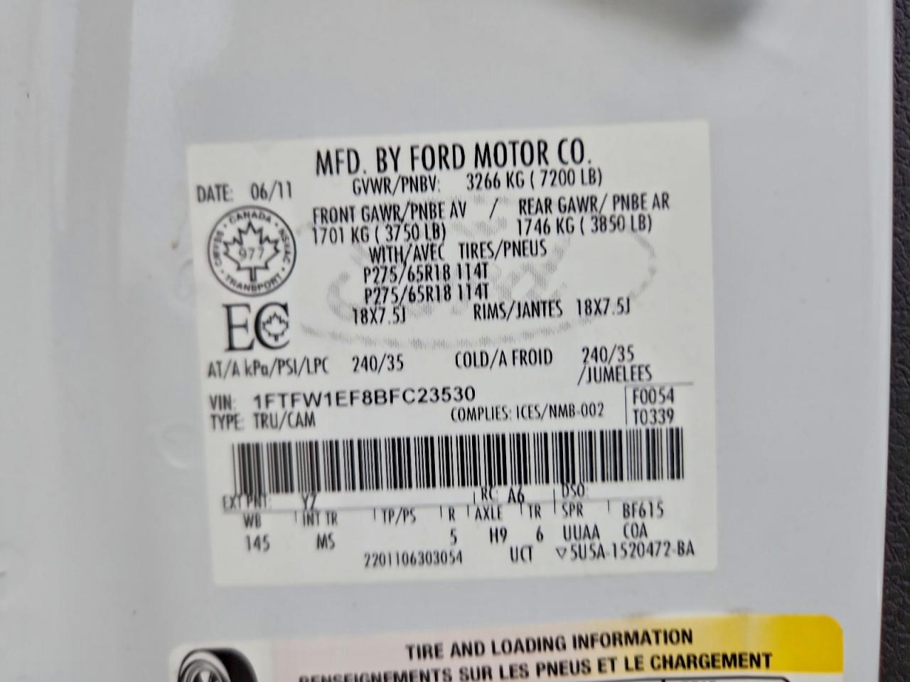 2011 Ford F150 Supercrew VIN: 1FTFW1EF8BFC23530 Lot: 92120185