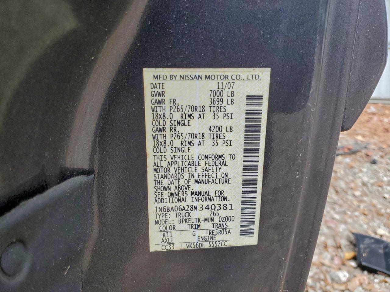 2008 Nissan Titan Xe VIN: 1N6BA06A28N340381 Lot: 93598005