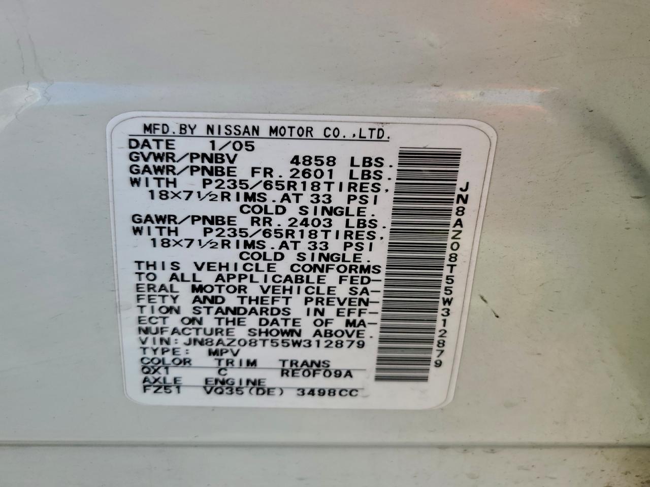 2005 Nissan Murano Sl VIN: JN8AZ08T55W312879 Lot: 94794535