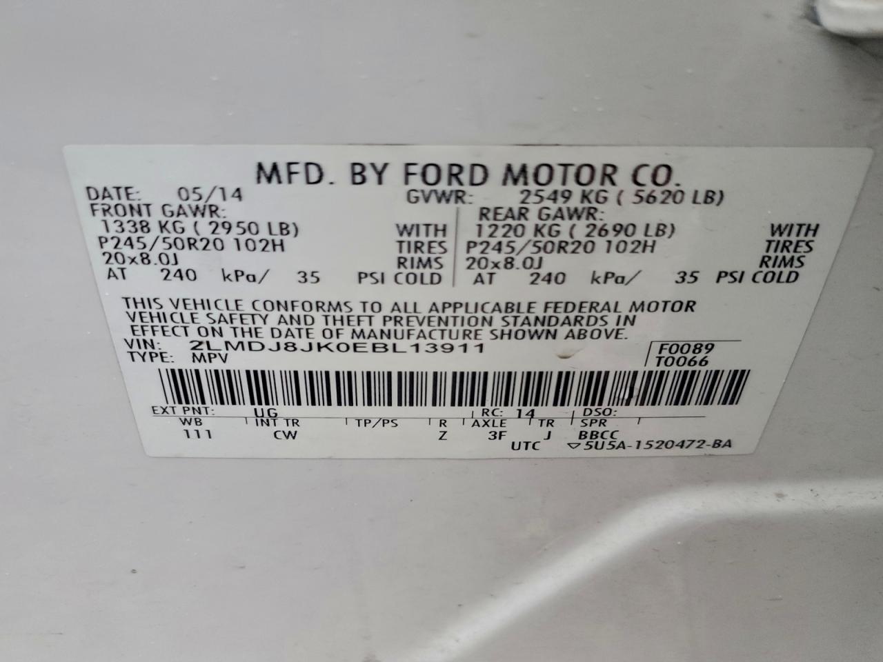 2014 Lincoln Mkx VIN: 2LMDJ8JK0EBL13911 Lot: 93229785