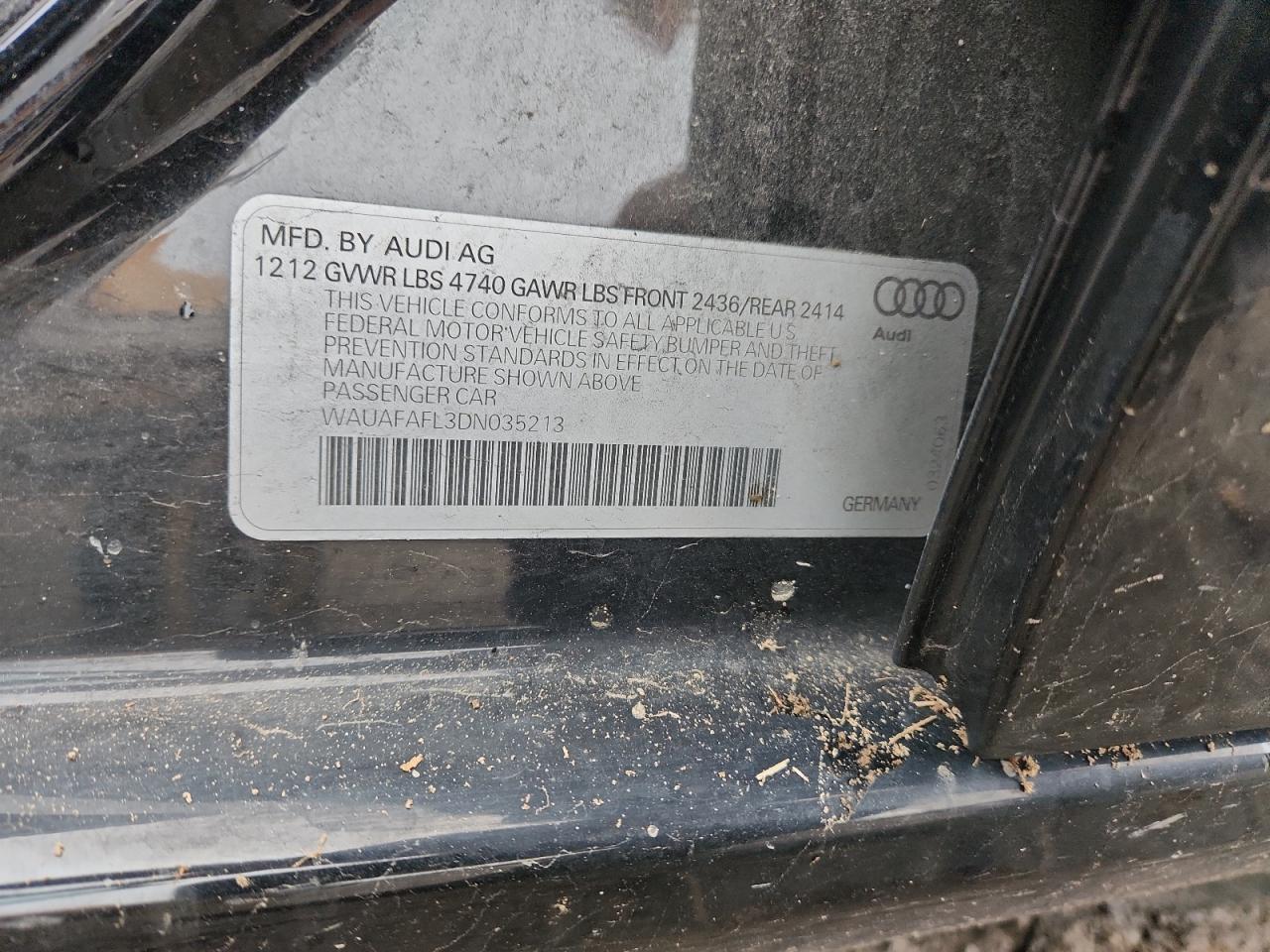 2013 Audi A4 Premium VIN: WAUAFAFL3DN035213 Lot: 93503095