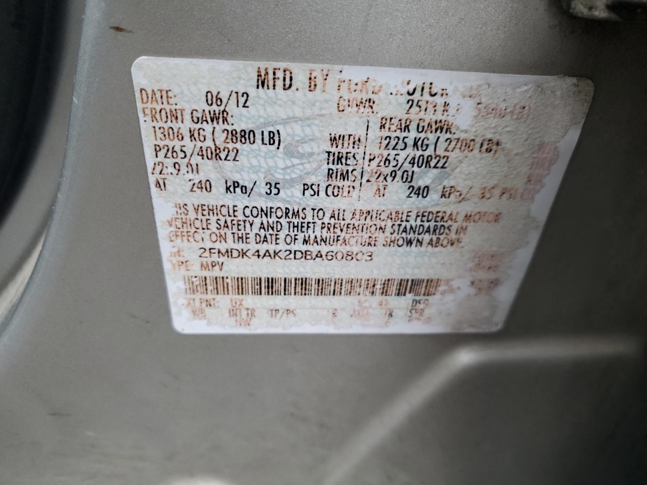 2013 Ford Edge Sport VIN: 2FMDK4AK2DBA60803 Lot: 93447925