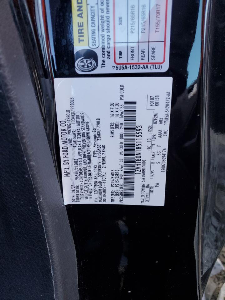 2008 Ford Mustang VIN: 1ZVHT80N185115593 Lot: 91098365