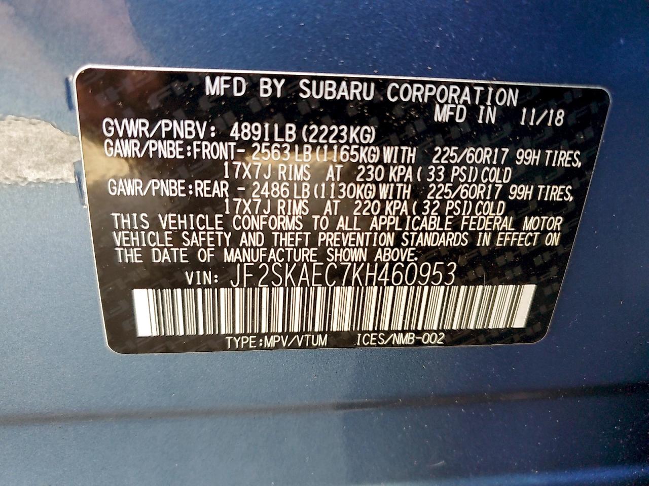 2019 Subaru Forester Premium VIN: JF2SKAEC7KH460953 Lot: 93142165