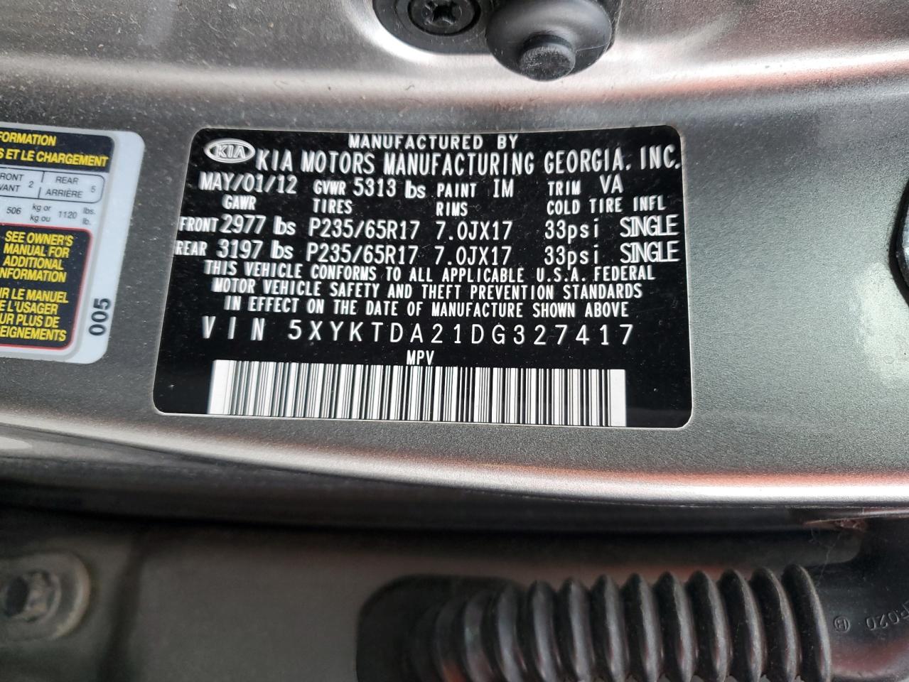 2013 Kia Sorento Lx VIN: 5XYKTDA21DG327417 Lot: 92190695