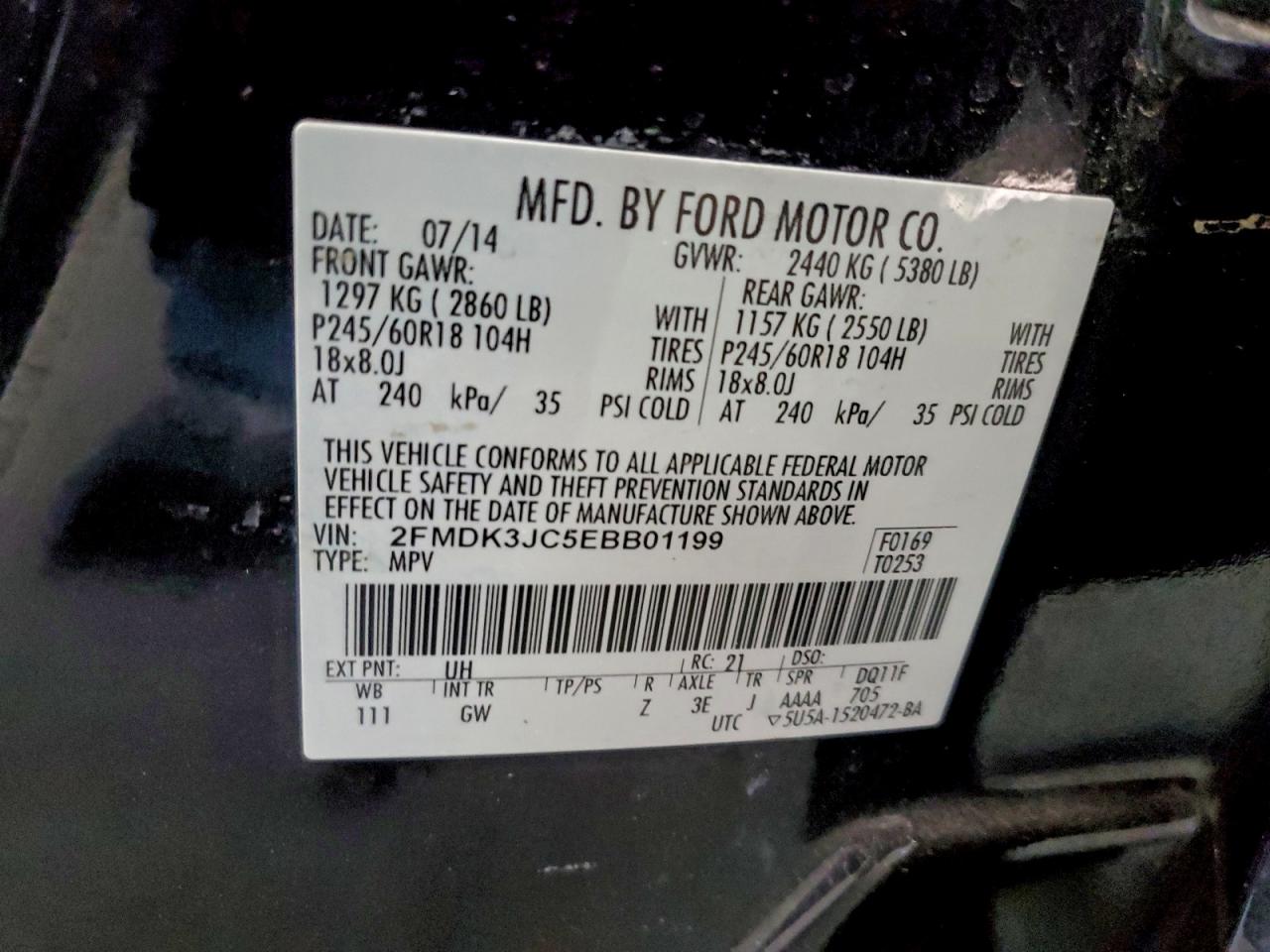 2014 Ford Edge Sel VIN: 2FMDK3JC5EBB01199 Lot: 93441205