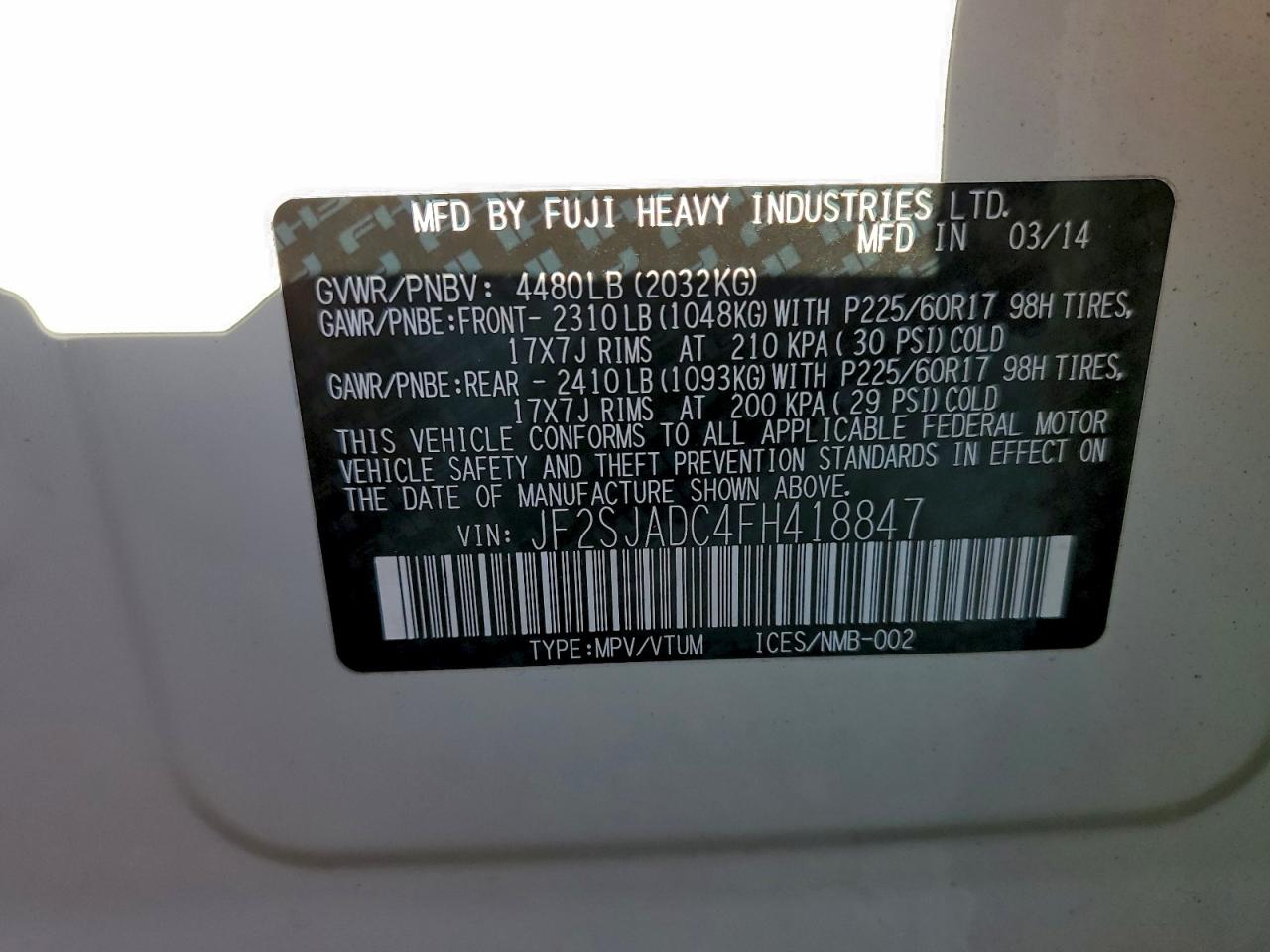 2015 Subaru Forester 2.5I Premium VIN: JF2SJADC4FH418847 Lot: 94393125